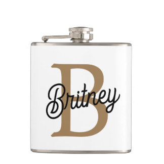 Modern Elegant Monogram Naam Zwart Goud Script Heupfles