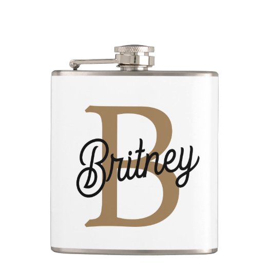 Modern Elegant Monogram Naam Zwart Goud Script Heupfles (Voorkant)