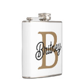 Modern Elegant Monogram Naam Zwart Goud Script Heupfles (Rechts)