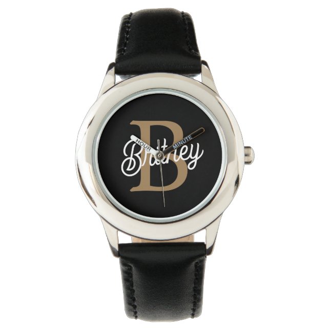 Modern Elegant Monogram Naam Zwart Goud Script Horloge (Voorkant)