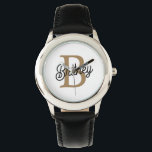 Modern Elegant Monogram Naam Zwart Goud Script Horloge<br><div class="desc">De Modern Elegant Monogram Name Black Gold Script Watch is een verfijnd uurwerk dat functionaliteit combineert met luxe. Het beschikt over een slanke zwarte wijzerplaat versierd met een stijlvolle gouden script monogram naam, het creëren van een verfijnde en gepersonaliseerde look. Dit horloge is ontworpen om een vleugje elegantie toe te...</div>