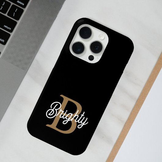 Modern Elegant Monogram Naam Zwart Goud Script iPhone Hoesje
