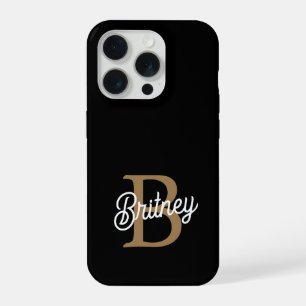Modern Elegant Monogram Naam Zwart Goud Script iPhone 15 Pro Case