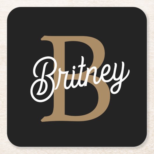 Modern Elegant Monogram Naam Zwart Goud Script Kartonnen Onderzetters (Voorkant)