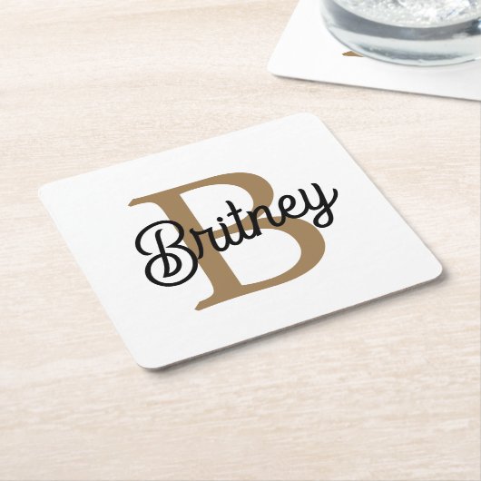 Modern Elegant Monogram Naam Zwart Goud Script Kartonnen Onderzetters (Schuin)