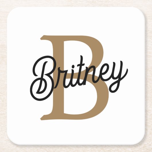 Modern Elegant Monogram Naam Zwart Goud Script Kartonnen Onderzetters (Voorkant)