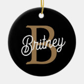Modern Elegant Monogram Naam Zwart Goud Script Keramisch Ornament (Voorkant)