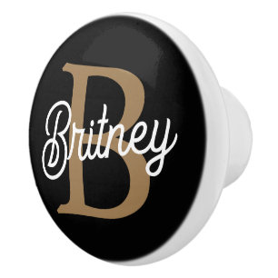 Modern Elegant Monogram Naam Zwart Goud Script Keramische Knop