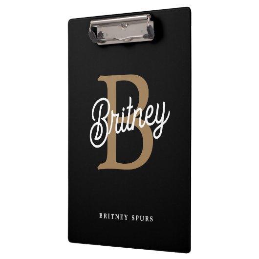 Modern Elegant Monogram Naam Zwart Goud Script Klembord (Links)