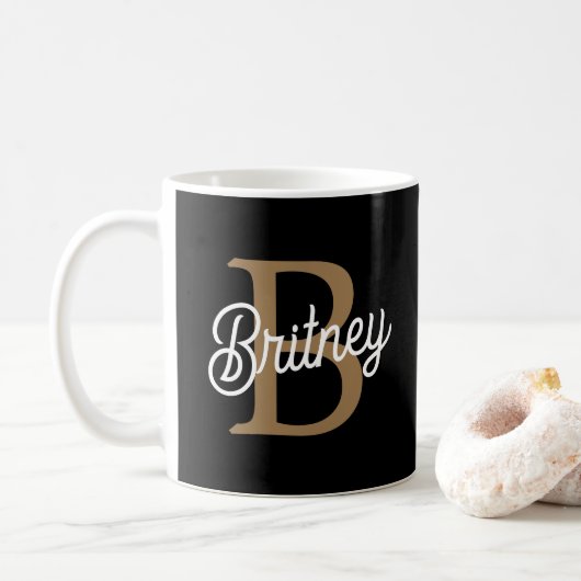 Modern Elegant Monogram Naam Zwart Goud Script Koffiemok (Met donut)
