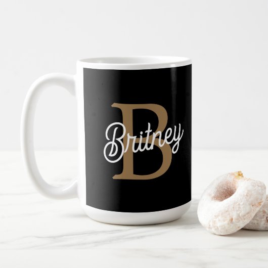 Modern Elegant Monogram Naam Zwart Goud Script Koffiemok (Met donut)
