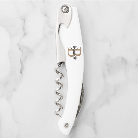 Modern Elegant Monogram Naam Zwart Goud Script Kurkentrekker (Voorkant)