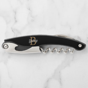 Modern Elegant Monogram Naam Zwart Goud Script Kurkentrekker