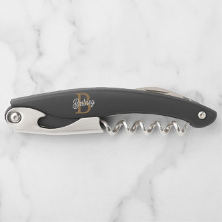 Modern Elegant Monogram Naam Zwart Goud Script Kurkentrekker