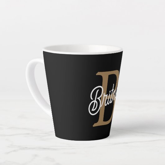 Modern Elegant Monogram Naam Zwart Goud Script Latte Mok (Linkerhoek)