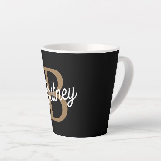 Modern Elegant Monogram Naam Zwart Goud Script Latte Mok (Rechterhoek)