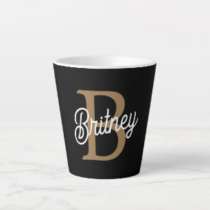 Modern Elegant Monogram Naam Zwart Goud Script Latte Mok