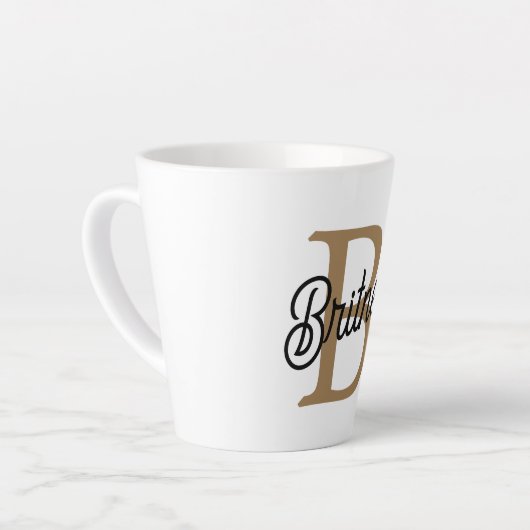 Modern Elegant Monogram Naam Zwart Goud Script Latte Mok (Linkerhoek)