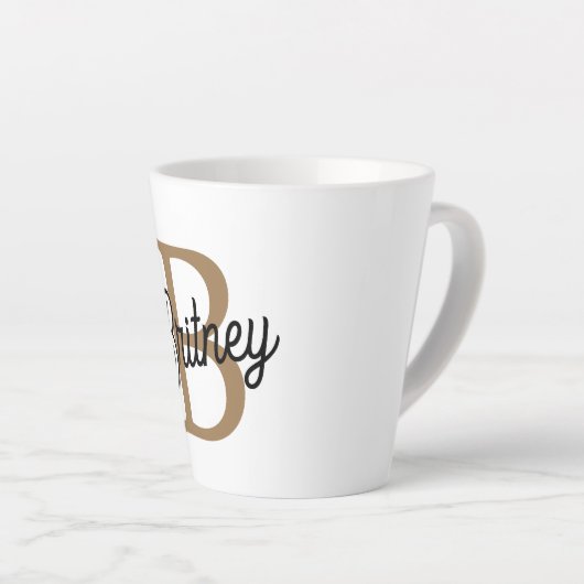 Modern Elegant Monogram Naam Zwart Goud Script Latte Mok (Rechterhoek)