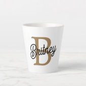 Modern Elegant Monogram Naam Zwart Goud Script Latte Mok (Voorkant)