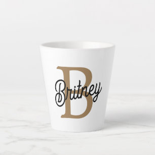 Modern Elegant Monogram Naam Zwart Goud Script Latte Mok