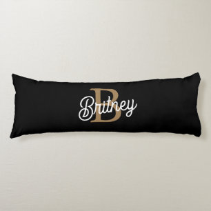 Modern Elegant Monogram Naam Zwart Goud Script Lichaamskussen