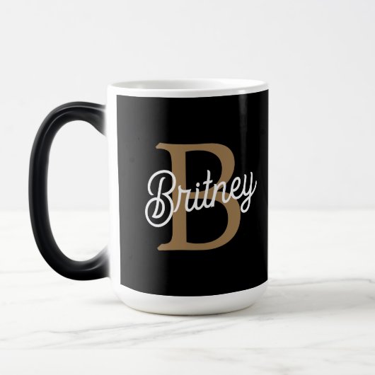 Modern Elegant Monogram Naam Zwart Goud Script Magische Mok (Links)