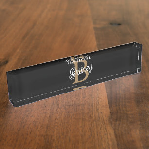 Modern Elegant Monogram Naam Zwart Goud Script Naambordje