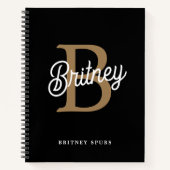 Modern Elegant Monogram Naam Zwart Goud Script Notitieboek (Voorkant)
