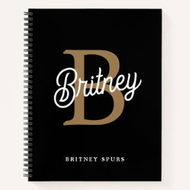Modern Elegant Monogram Naam Zwart Goud Script Notitieboek