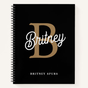 Modern Elegant Monogram Naam Zwart Goud Script Notitieboek