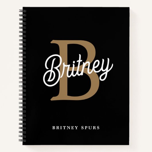 Modern Elegant Monogram Naam Zwart Goud Script Notitieboek (Voorkant)