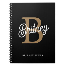 Modern Elegant Monogram Naam Zwart Goud Script Notitieboek