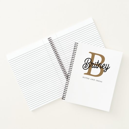 Modern Elegant Monogram Naam Zwart Goud Script Notitieboek (Binnen)