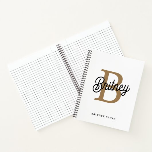 Modern Elegant Monogram Naam Zwart Goud Script Notitieboek (Binnen)