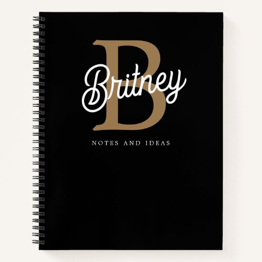 Modern Elegant Monogram Naam Zwart Goud Script Notitieboek (Voorkant)
