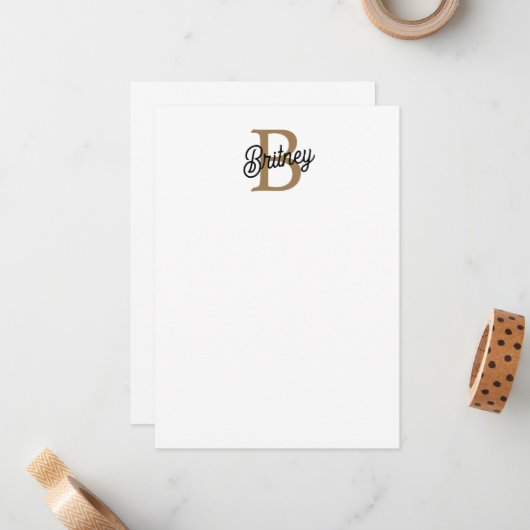 Modern Elegant Monogram Naam Zwart Goud Script Notitiekaartje (Voorkant / Achterkant in situ)