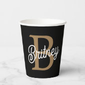 Modern Elegant Monogram Naam Zwart Goud Script Papieren Bekers (Achterkant)