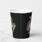 Modern Elegant Monogram Naam Zwart Goud Script Papieren Bekers (Rechts)