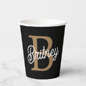 Modern Elegant Monogram Naam Zwart Goud Script Papieren Bekers (Voorkant)