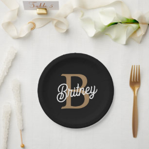 Modern Elegant Monogram Naam Zwart Goud Script Papieren Bordje