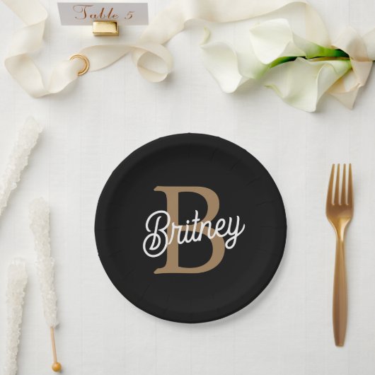 Modern Elegant Monogram Naam Zwart Goud Script Papieren Bordje (Huwelijk)