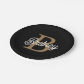 Modern Elegant Monogram Naam Zwart Goud Script Papieren Bordje (Gekanteld)