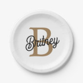 Modern Elegant Monogram Naam Zwart Goud Script Papieren Bordje (Voorkant)