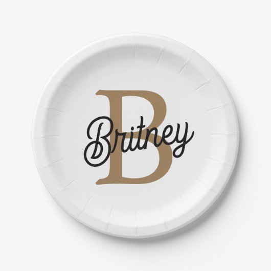 Modern Elegant Monogram Naam Zwart Goud Script Papieren Bordje (Voorkant)