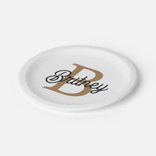 Modern Elegant Monogram Naam Zwart Goud Script Papieren Bordje (Gekanteld)