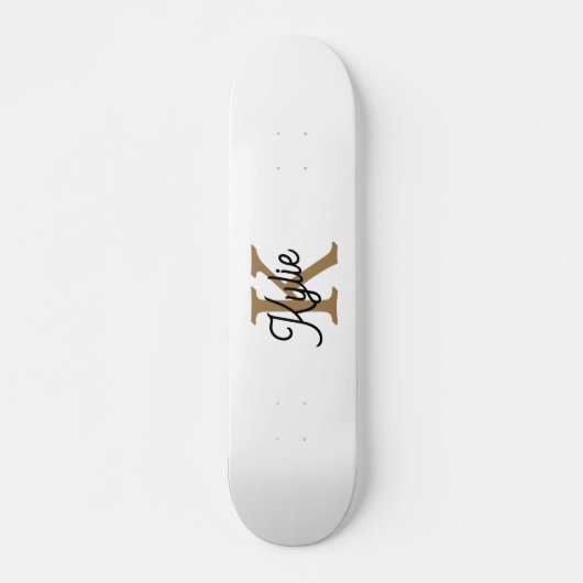 Modern Elegant Monogram Naam Zwart Goud Script Persoonlijk Skateboard (Voorkant)