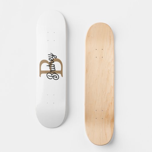 Modern Elegant Monogram Naam Zwart Goud Script Persoonlijk Skateboard (Voorkant)