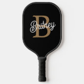 Modern Elegant Monogram Naam Zwart Goud Script Pickleball Paddle (Voorkant)