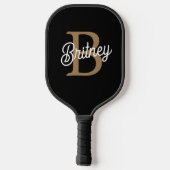 Modern Elegant Monogram Naam Zwart Goud Script Pickleball Paddle (Achterkant)